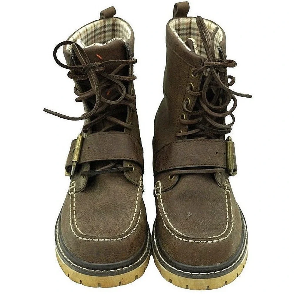 Rugged‎ Marc Ecko Blackwelder Crease Boots Men 7 Brown Buckle Moc Toe Combat Lug